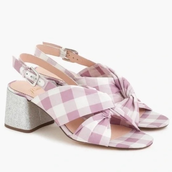 J. Crew JCrew Twisted Knot Penny Sandals in Gingham with Glitter Heel - Picture 1 of 6
